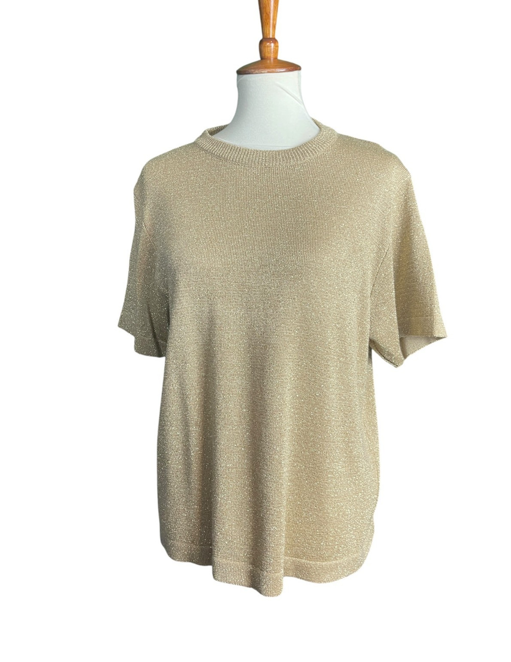 Vintage Gold Glitter Knit Short Sleeve Pullover Sweater Blouse XLarge